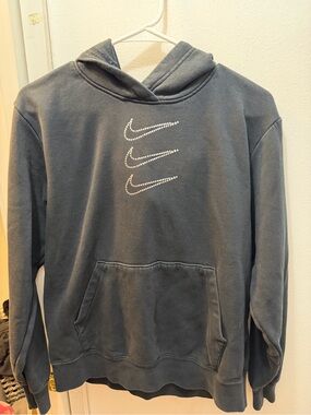 Nike Charcoal Gray Crewneck Hoodie with Rhinestone Swooshes